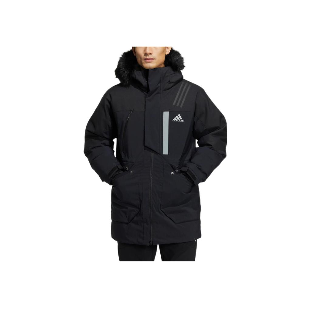 Adidas Fur Hood Down Packable Solid Color Logo Zip-Up Hooded Down Jacket Unisex Jackets Black HR5232