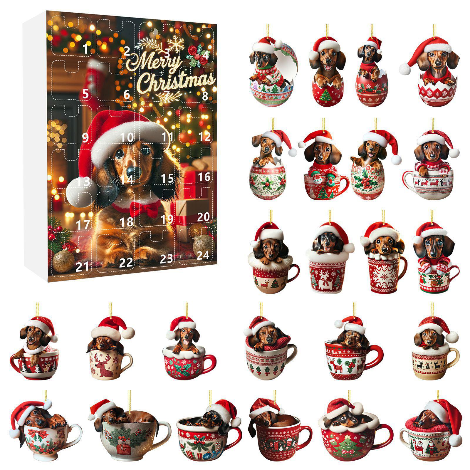

2025 Christmas Advent Calendar 2D Flat Dragon/Snowman/Highland Cattle/Puppy Hanging Pendant Xmas Tree Decor Countdown Calendar Calendars