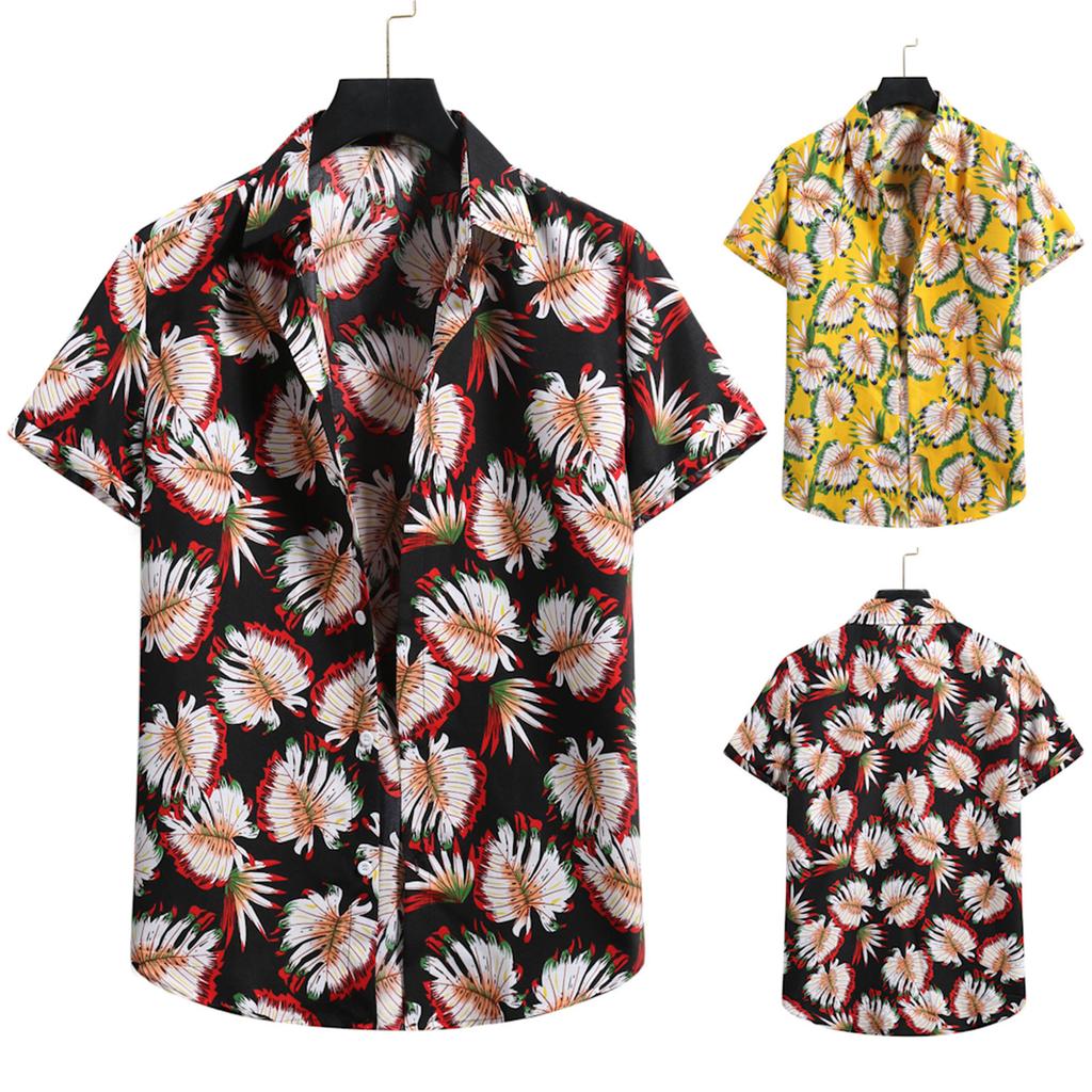 Men's Cardigan Short Sleeve Hawaiian Beach Flower Shirt Men's Turtleneck Shirt