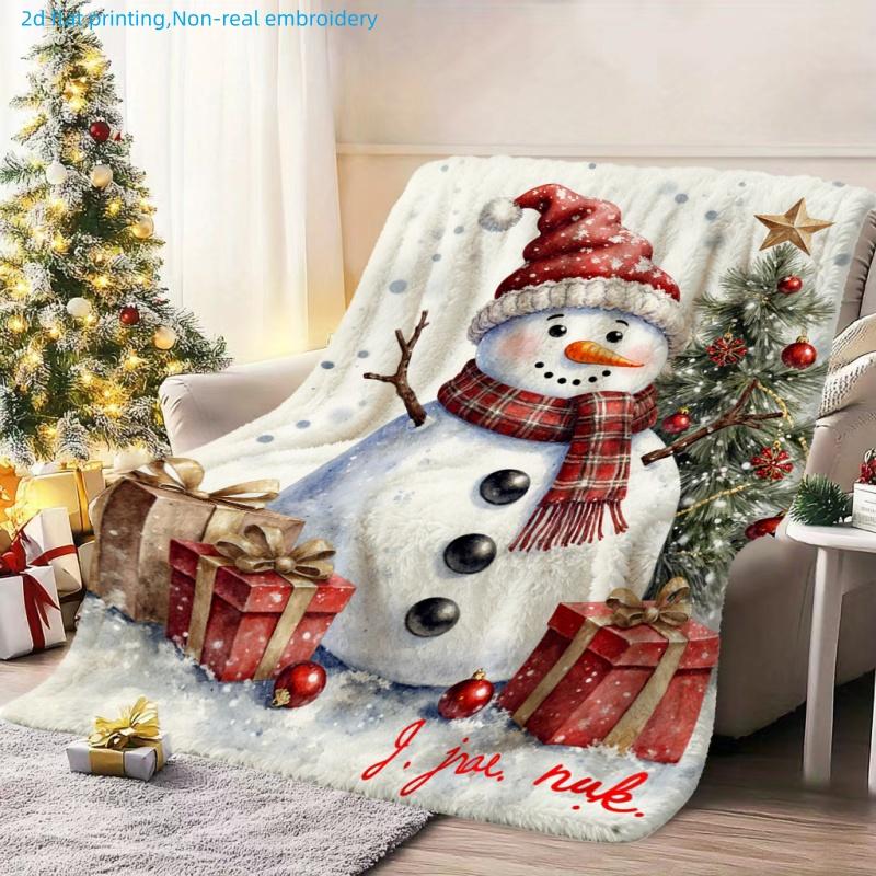 1pc Christmas Style Snowman and Christmas Tree Printed Blanket, Holiday Theme, Multiple Sizes Available, Suitable for Living Room, Bedroom, Study, Off
