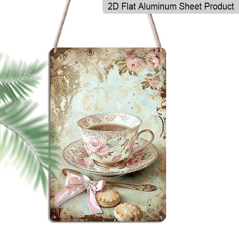 

2D Flat 1pc Vintage Floral Teacup Metal Wall Decor - 8x12 Inch Aluminium Sign with Pink Roses & Lace, Pastel Spring Home Accent for Bedroom 20*30cm