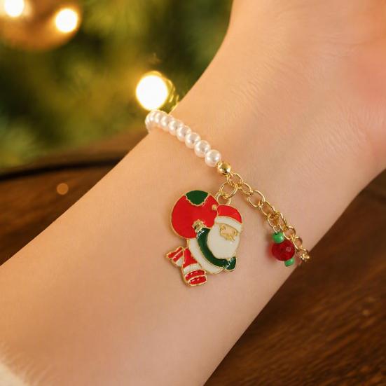 Holiday Outfit Decoration Christmas Beaded Charm Bracelet for Women, Faux Pearl Seasonal Fashion Wristband Beads Stackable Bracelet, Party