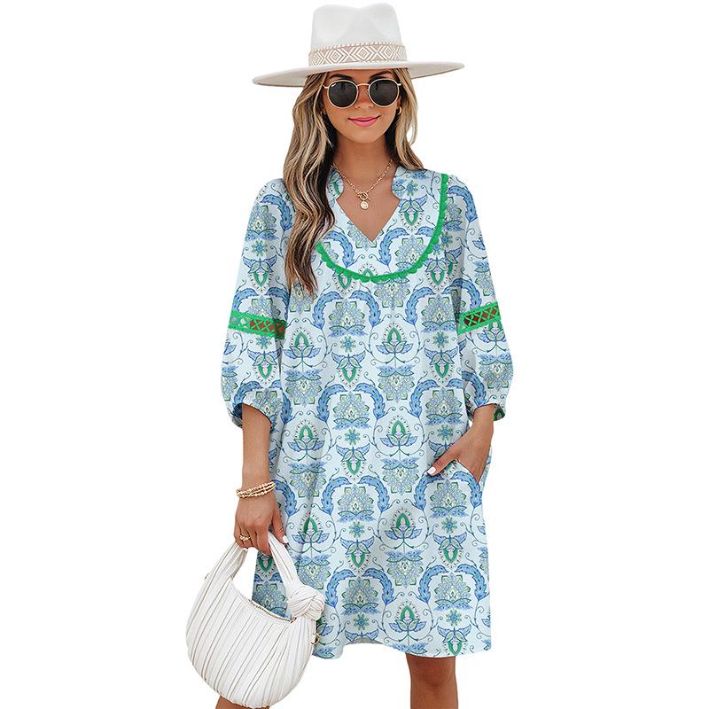 Summer Ethnic Style V-Neck Printed Short Dress for Women Medium