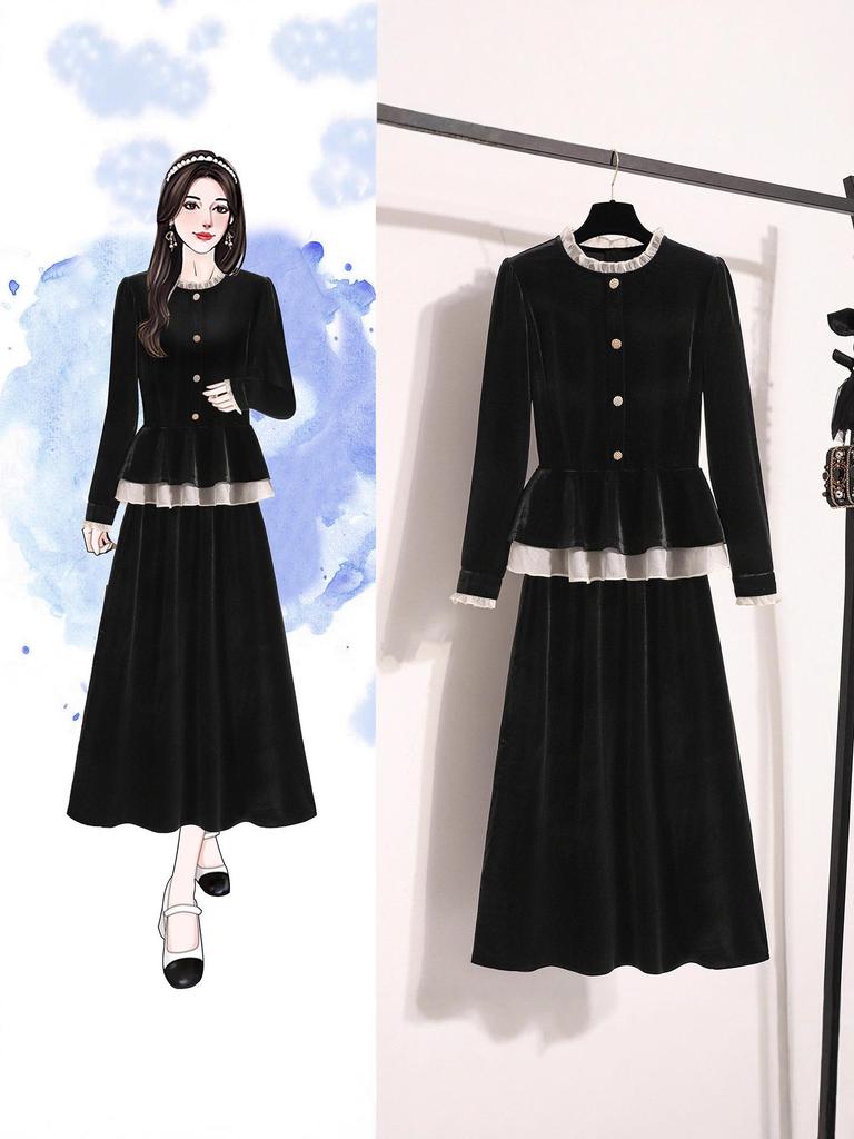 Plus Size Women's Autumn & Winter High-End Loose Top with Black Skirt Two-Piece Set