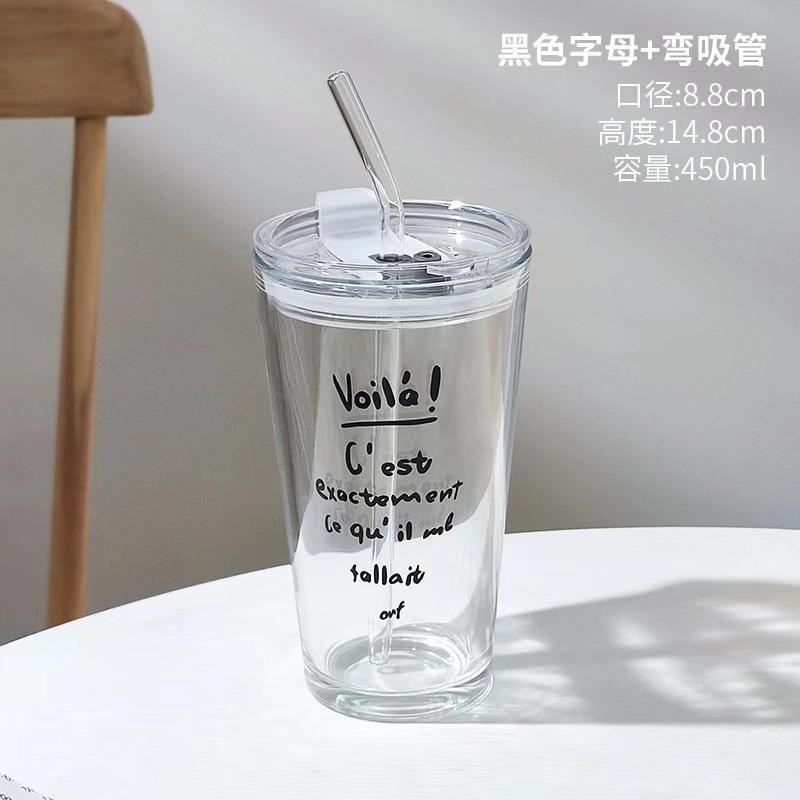Glass Straw Cup Printing Milk Tea Cold Drink Coffee Cup Household Water Cup High Value Juice Cup Printing
