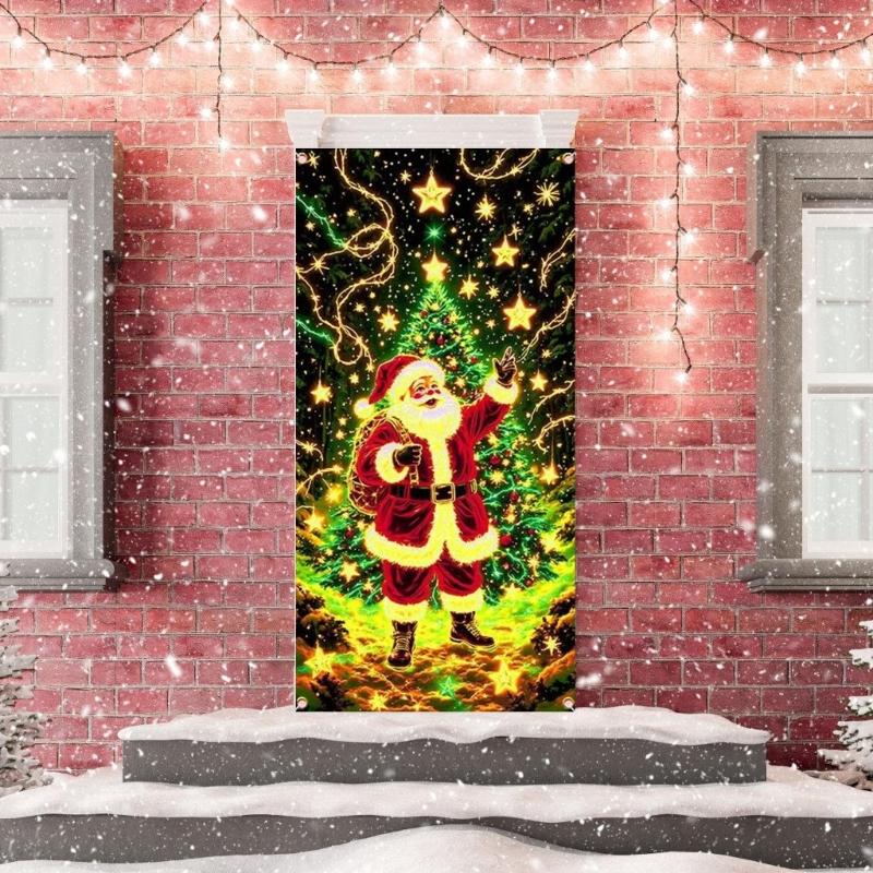 Glowing In Dark Christmas Door Curtain Fluorescent Fabric Decoration For Holiday Homes Party Window Display