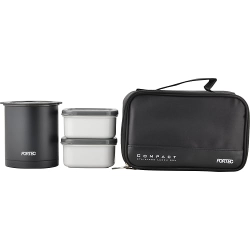 Wahei Freiz Bento Box, 640ml, Black, Slim, with Rice Container, Two Side Dish Containers, Chopsticks, and Insulated, Fortec Lunch, FLR-5957