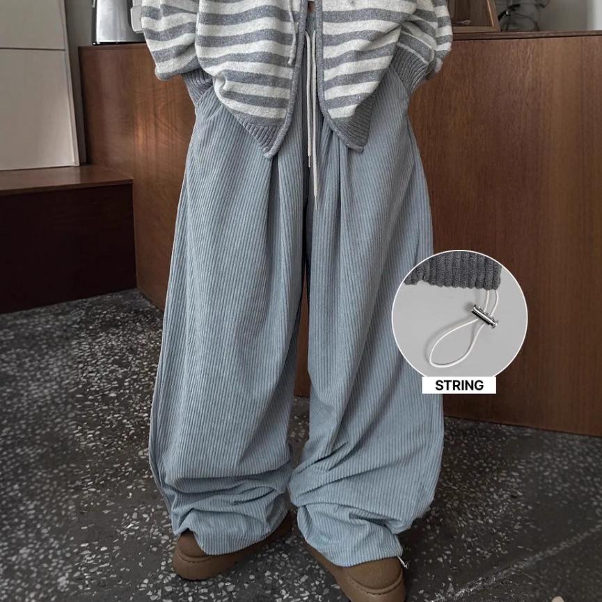 Corduroy High-Waist Striped Drawstring Trousers