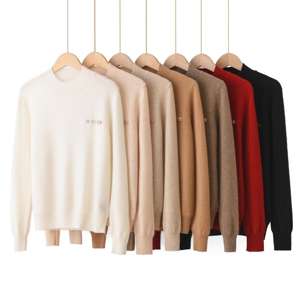 Women's Pure Cashmere Round Neck Sweater - Autumn/Winter Solid Color Warm Knit Pullover