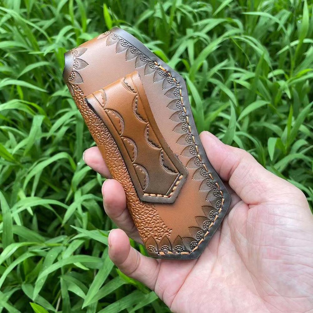 15cm Foling Knife Embossed Cowhide Scabbard Cover Second Layer Leather Sheath Case Camping Knife Holsters Belt Buckle