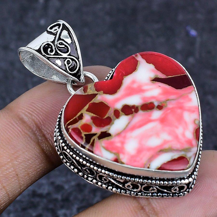 Natural Copper Red Coral Gemstone 925 Sterling Silver Jewelry Pendant 1.89" ETC-13866