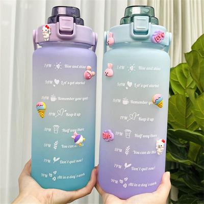 2000ml Gradient Frosted Water Bottle With Handle Outdoor Portable Straw Cup (normal Sticker + 3d