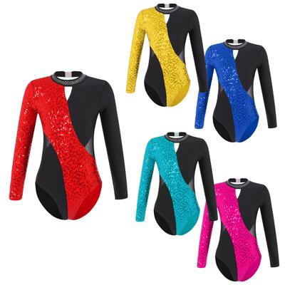 Girls Shiny Long Sleeves Mock Neck Gymnastics Ballet Dance Leotard Jumpsuit Ice Skating Bodysuit Dancewear