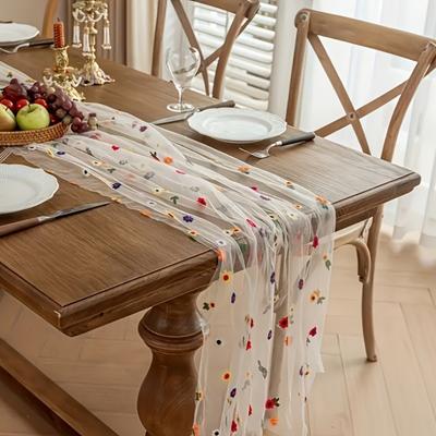 Vintage Stickerei Gänseblümchen Tischläufer Halbtransparent Boho Tüll Tischläufer Elegant Leicht zu Reinigen Hochzeits-Tischdekoration