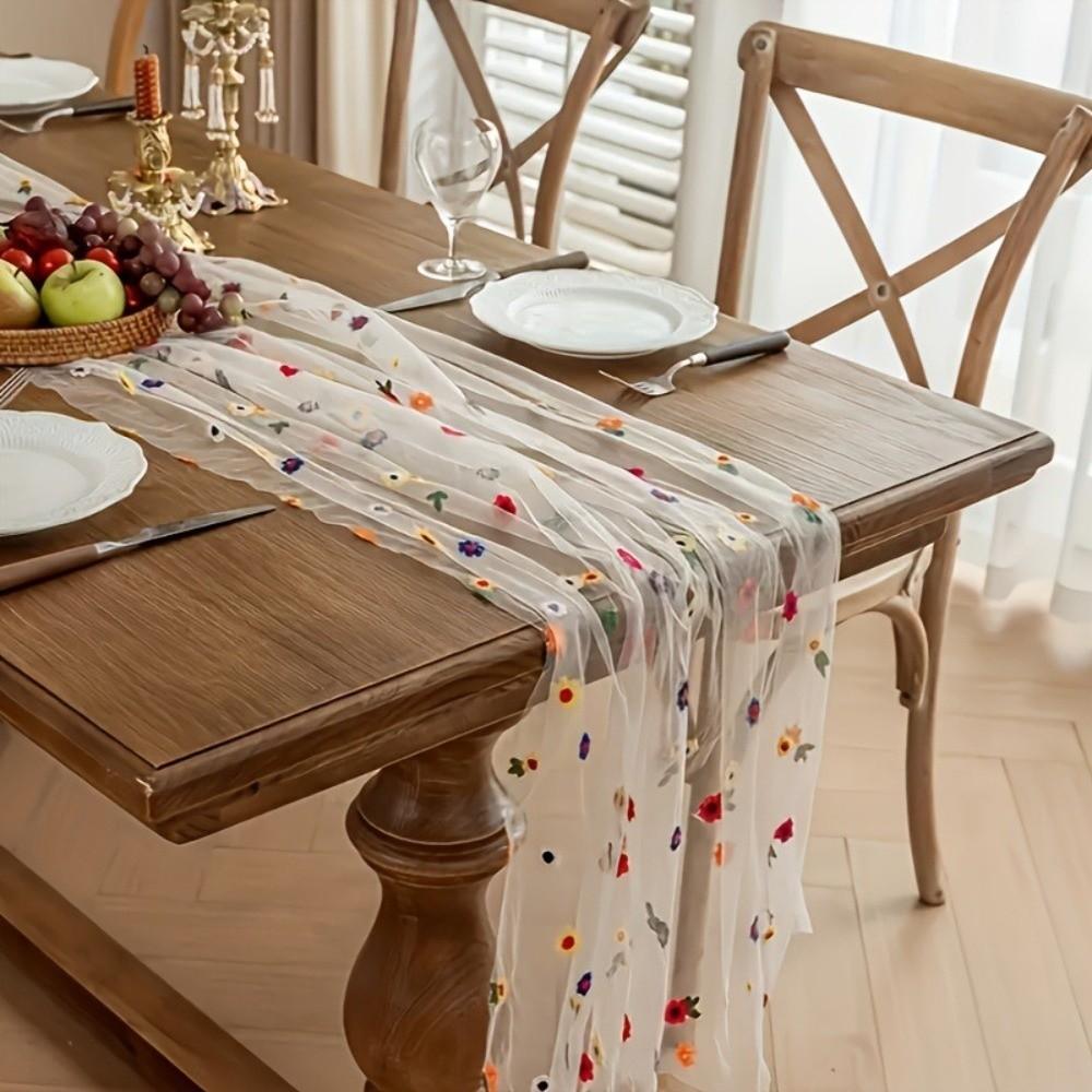 Semi-Transparent Tulle Table Runner Boho Floral Tablecloth  Holiday Decoration