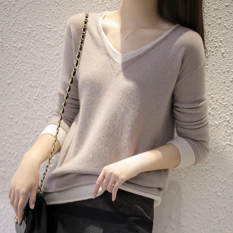 

Women s Korean Style Faux Two-Piece Wool Sweater L