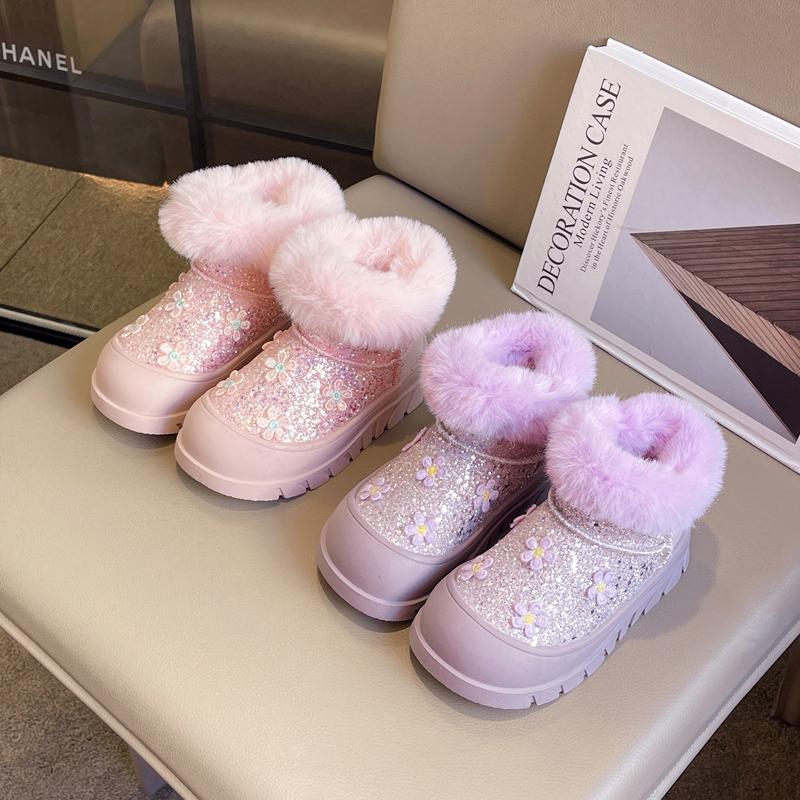 Girls Snow Boots Thick Bottom Shine Rhinestones Winter Children Warm Cotton Shoes with Flowers Kids Princess Boots Anti-Slippery
