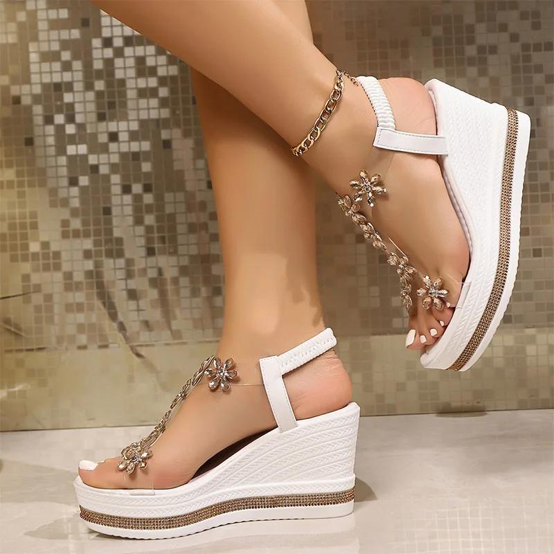 Fashion Flower Decor Wedges Sandals for Women Plus Size Shiny Crystal Chunky Platform Slippers Woman Thick Sole Comfort Non Slip Sandals