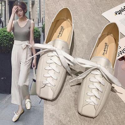Casual Square Toe Platform Shoes New Spring Lace-Up PU  Loafers Women Shoes  Soft Flat with Leather Shoes Female