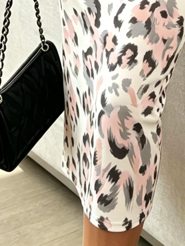 Women Summer White Pink Black Leopard Print Bodycon Midi Dress Cold Shoulder Slim Fit Sexy Cutout Elegant Dress