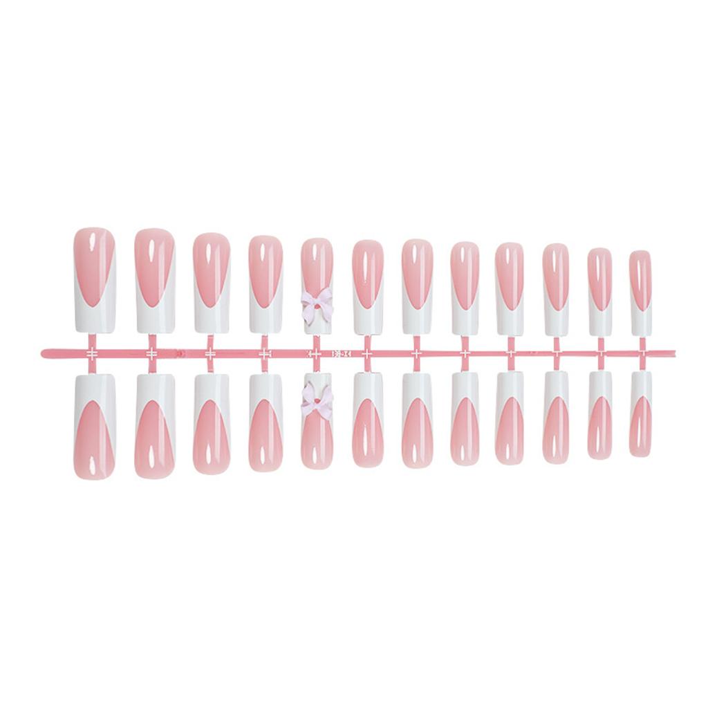 24 Pcs 3D Bowknot False Nails French Style False Nails Full Cover Stick On Nails Press On Nails for Women and Girls