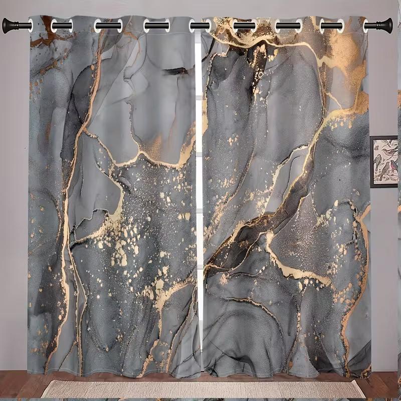 2 Stück Vorhänge mit Marmordruck und goldenem Faden, geeignet für Schlafzimmer-, Wohnzimmer-, Küchendekoration, Heimdekoration, Fensterdekoration