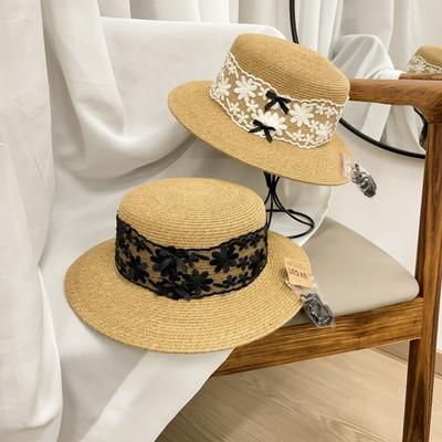Straw Hat Women's Summer Sun Protection Sun Hat Retro Lace Small Edge Flat Top Hat Seaside Vacation Top Hat