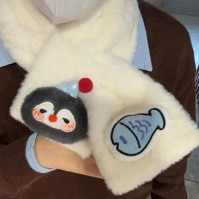 Sød Fisk Og Pingvin Tørklæde Studerende Tegneserie Sæl Kryds Pelset Tørklæde Halsbeskyttende Kawaii Piger Vinter Varm Plys Tørklæde