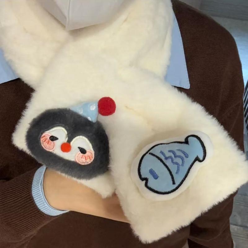 Cute Fish And Penguin Scarf Student Cartoon Seal Cross Furry Scarf Neck-Protecting Kawaii Girls Winter Warm Plush Scarf