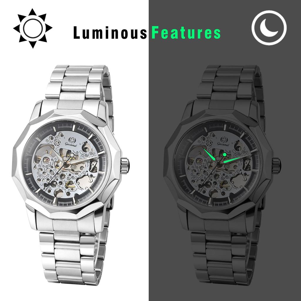 Men's Automatic Mechanical Skeleton Watch Luminous Analog Display Antique Waterproof Stainless Steel Band Casual Business Silver Gold black -