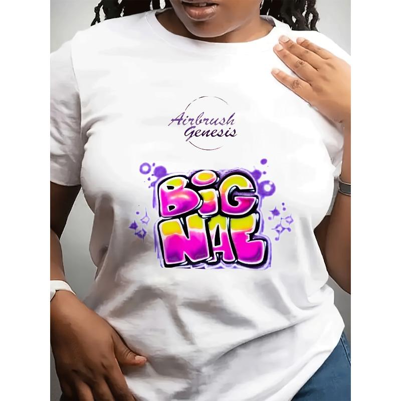 Plus Size, Women s Plus Size Oversized T-Shirt - Black Bold Big Nae Graffiti Graphic Tee with Pink & Blue Lettering, S белый