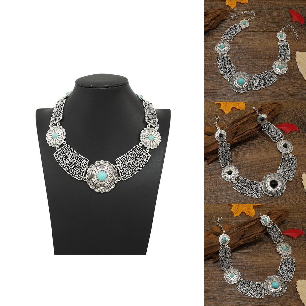 Ethnic Style Simulation Gemstone Decoration Hollow Design Women Metal Necklace For Special Occasion