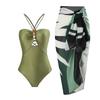 Charming Halter Neck Beaded Decor Hollow Out Bikini Swimsuit With Slit Skirt For Beach