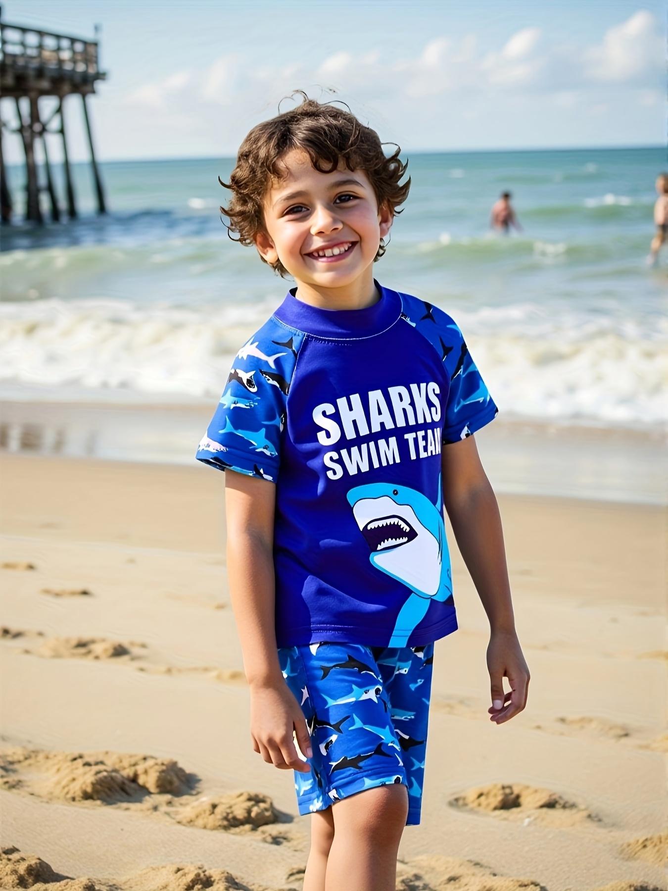 Kids Boys Swim Suit Set Cartoon Shark Print Short Sleeve Swim Shorts Summer Beach Outfit 90