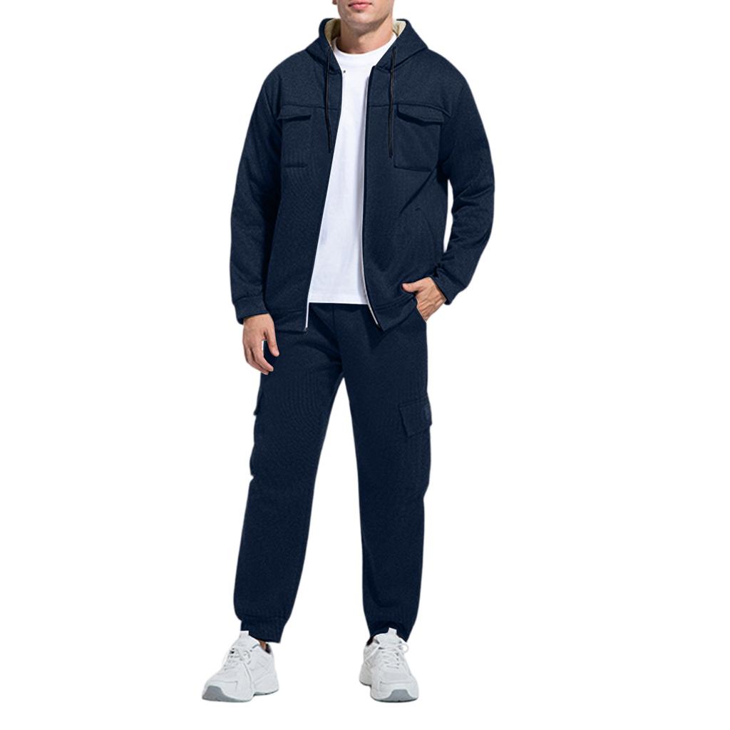 Men Waverg Zipper Pocket Flip Collar Self-Cultivation Cardigan Jacket Set