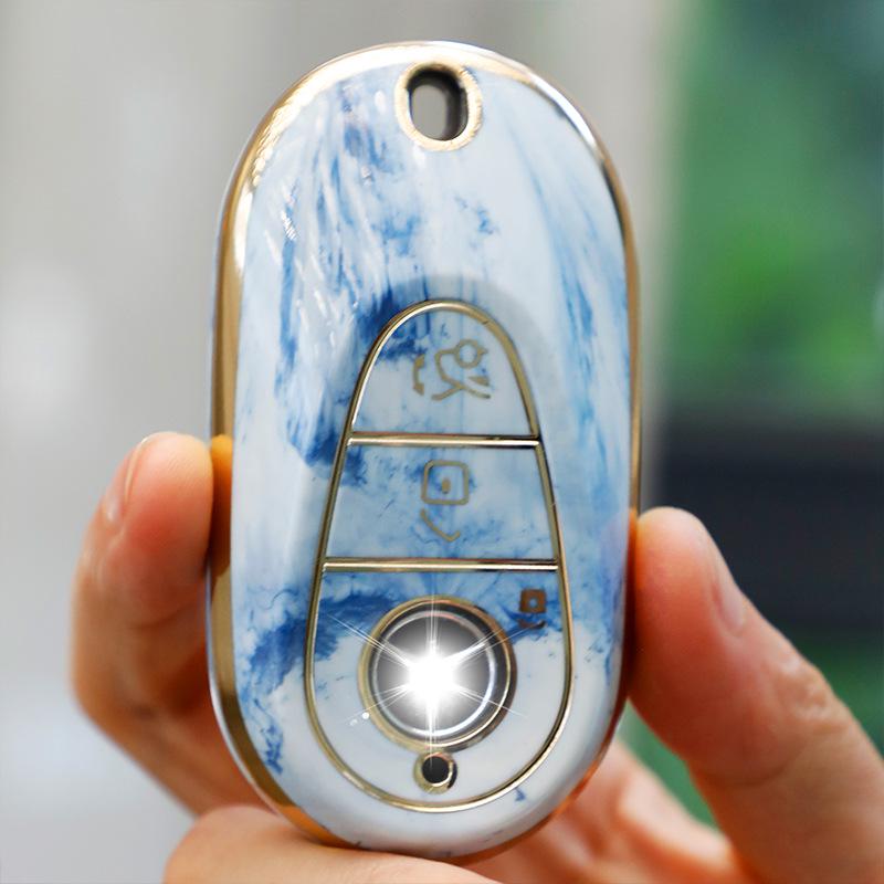 Mercedes-Benz Key Case for C260, LC200L, S400 Maybach, EQE, GLC with Gold Inlaid Jade Shell