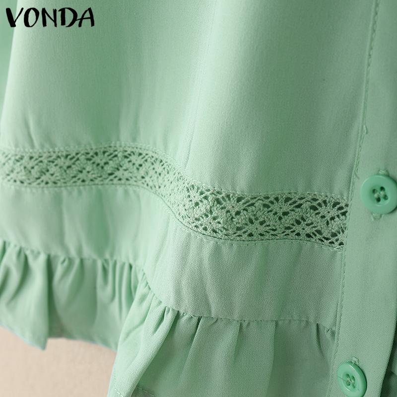 VONDA Women Doll Collar Sleeveless Ruffled Hem Button Down Crochet Casual Tank Tops