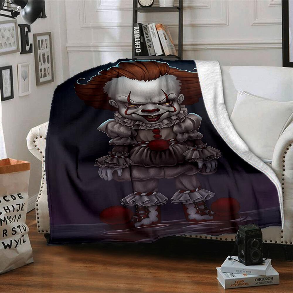 1pc It "Clown" Flannel Throw Blanket - HD Printed Lightweight Soft Warm All-Season Blanket for Sofa, Bed, Travel, Camping 017