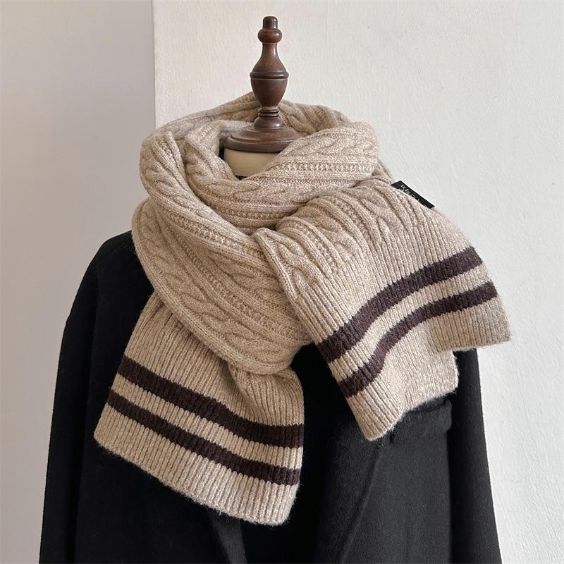 Striped two-color wool knitted scarf women's winter versatile trend cute girl student warm scarf