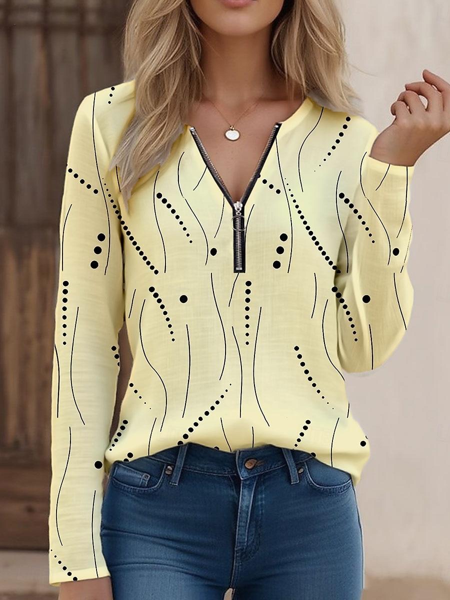 

Женская футболка на молнии до четверти длины, с длинным рукавом, повседневная, с графическим принтом, в горошек, элегантная, винтажная, стильная, с V-образным вырезом, обычного кроя 2XL