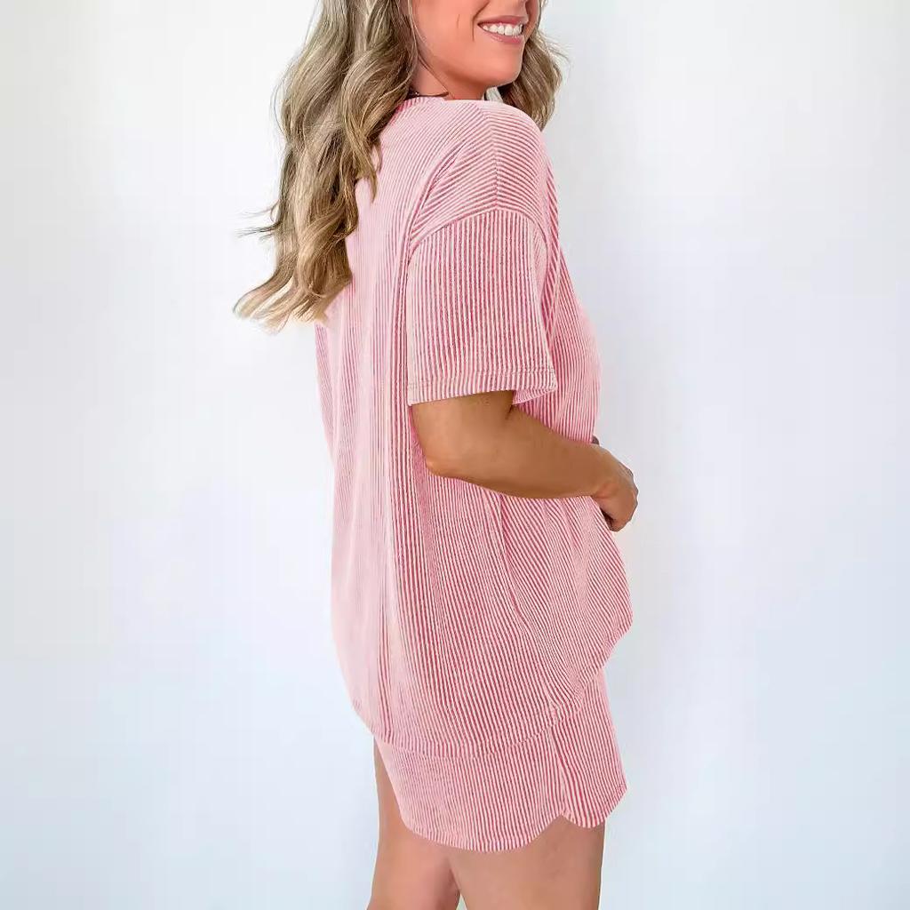 Women Casual Two Piece Set Short Sleeve Round Neck Top Elastic Waist Shorts