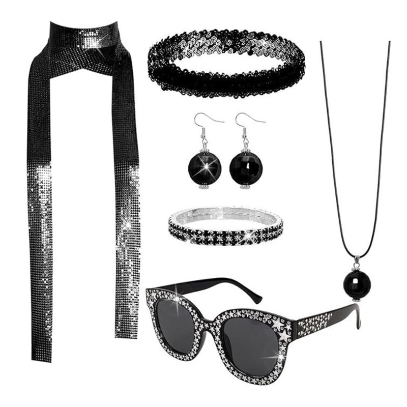 60s 70s 80s Disco Accessories Halloween Costume Jewelry Sunglasses Sequins Headband Ball Earrings Neacklace Bracelets