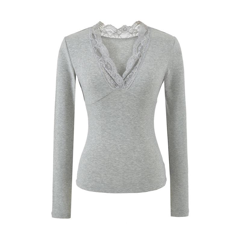 Korean Style Lace Trim V-Neck Slim-Fit Fleece Long Sleeve Women's Top