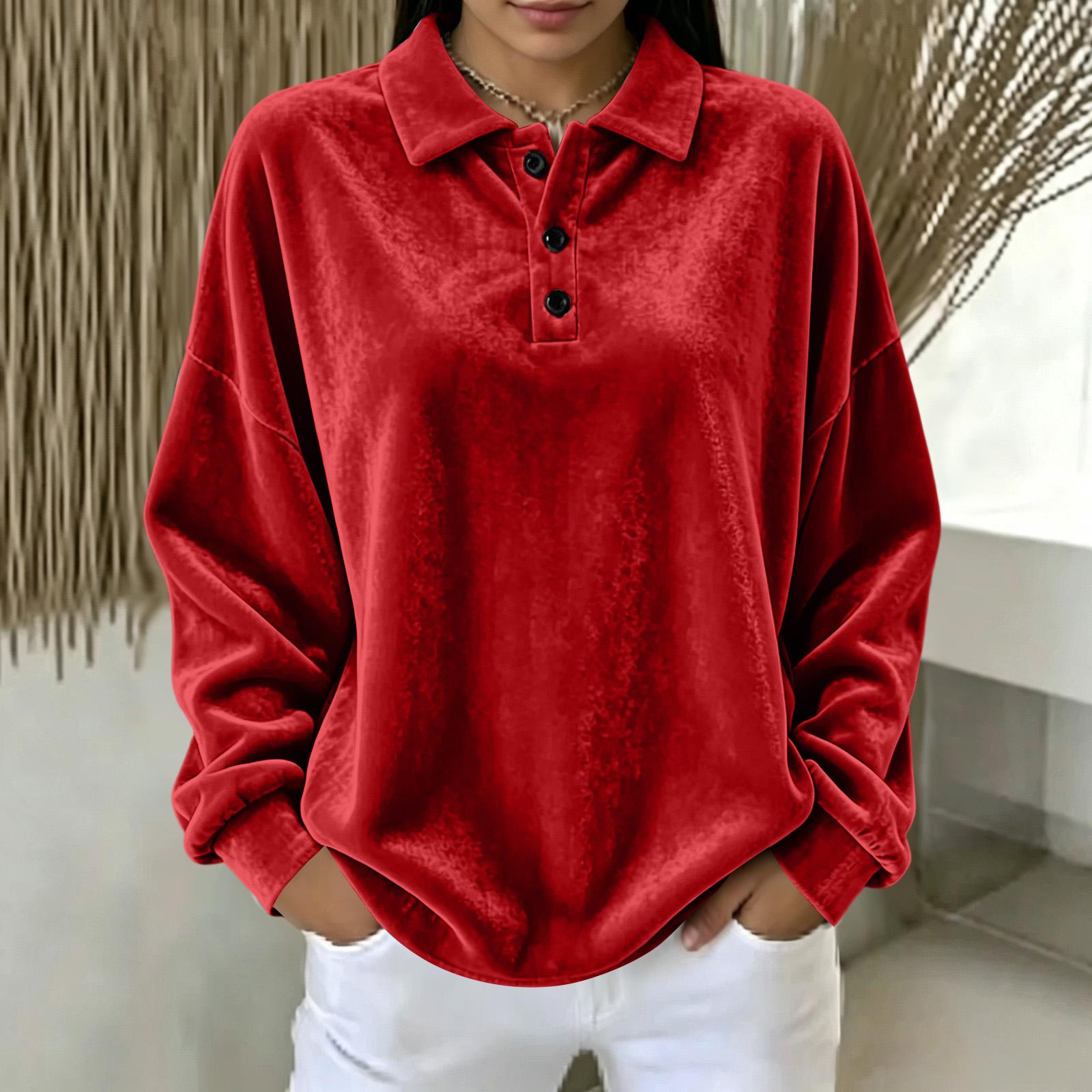Women s Fashion Color Lapel Collar Loose Fit Long Sleeve Pullover Sweatshirt L