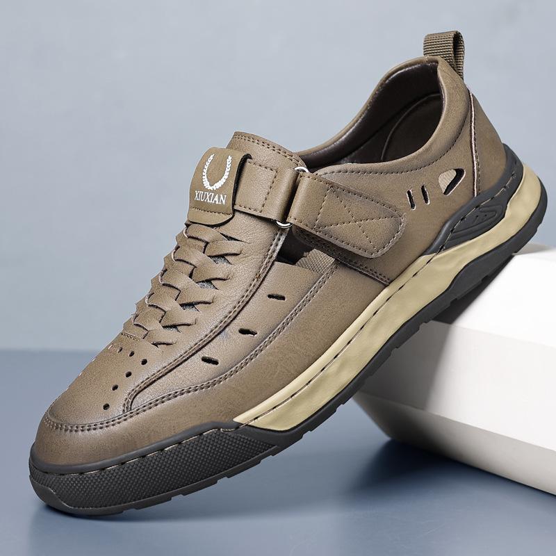 2024 Summer New Men's Hollow Breathable Casual Leather Sandals Men's Handmade Online Velcro Sandals Men 7789