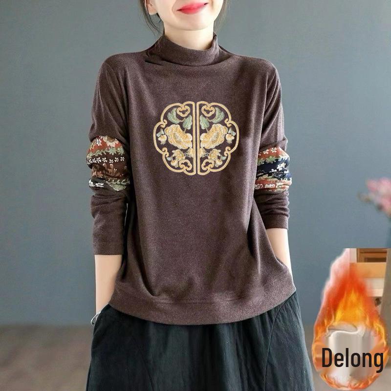 

Luxurious Double-Sided German Velvet Retro Print Long-Sleeve Top with Semi-High Collar 3XL [Recommend 145-160 jin]