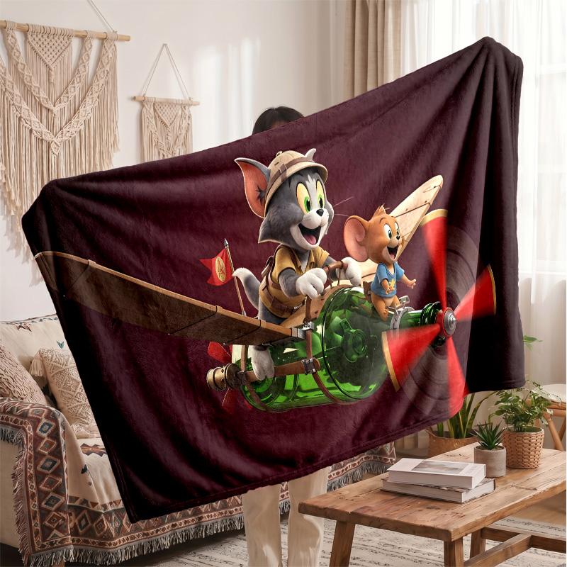 Tom and Jerry Printed Flannel Blanket, Skin Friendly Warm Throw for Indoor Couch Bed Daily Use