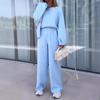 Autumn 2025 Women's Solid Color Round Neck Two-Piece Set with Long Sleeve Top & Elastic Waist Pants