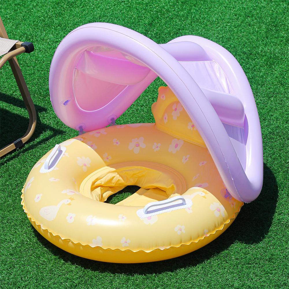 2026 New Yellow Flower Sunshade Baby Swim Ring Safe Anti Rollover Infant Seat Float Sun Protection Beach Party Toy