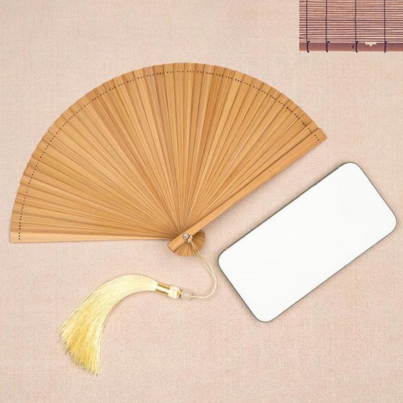 1Pc Folding Fan Handmade With Tassels Handcraft New Year's Gift Vintage Bamboo Chinese Style Solid Color